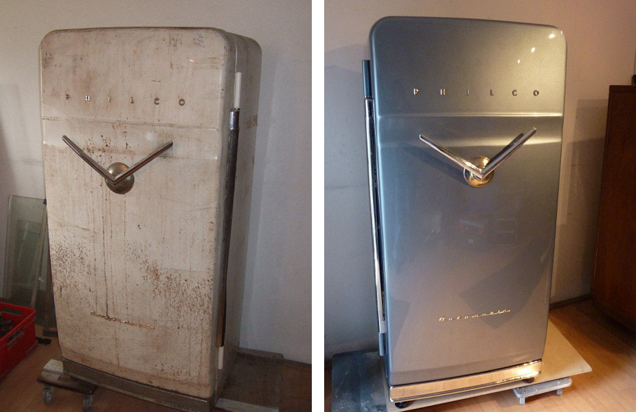 Philco Kühlschrank vor und nach Lackierung